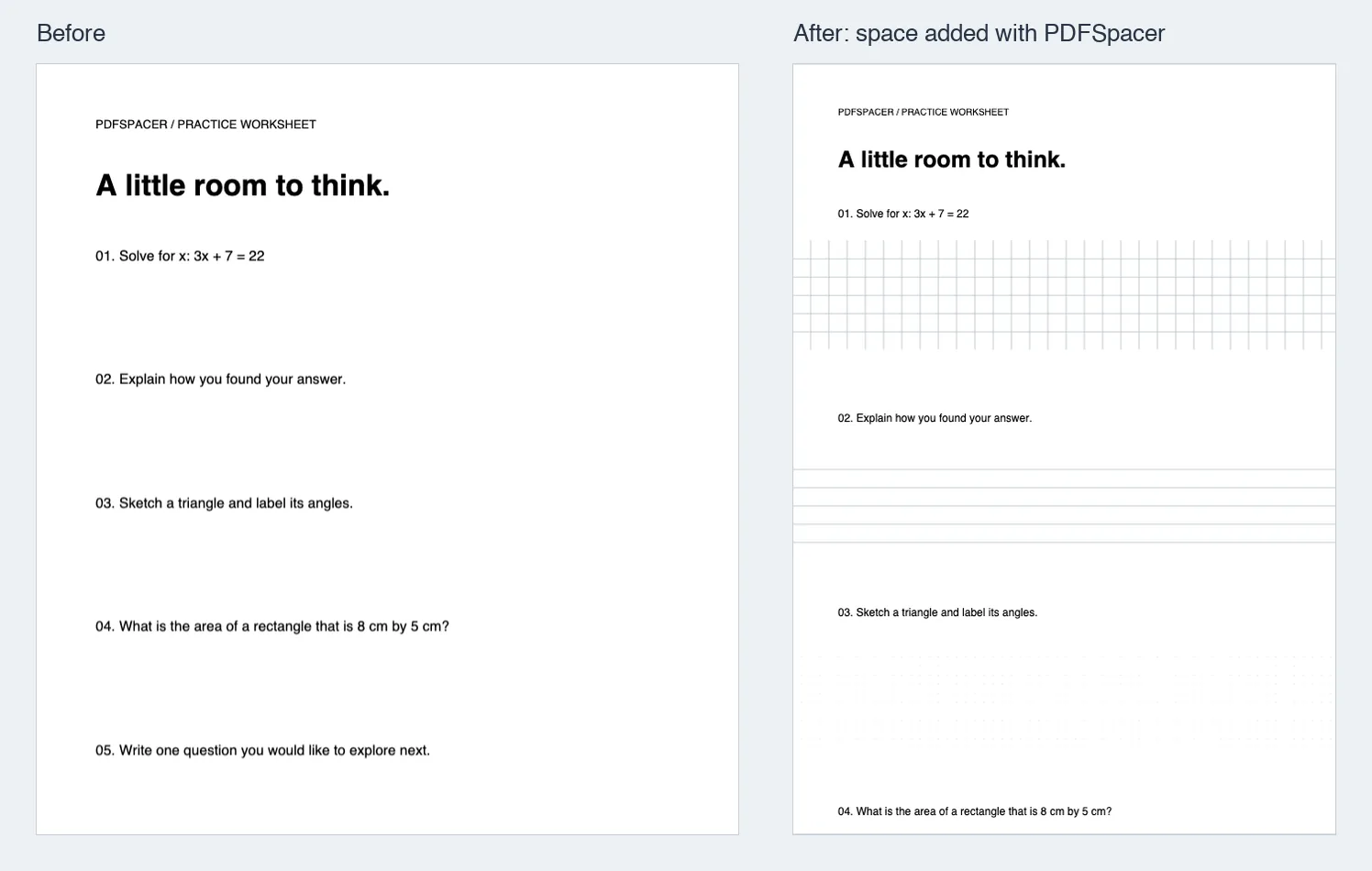 Before and after: a PDF worksheet with no room to write, and the same worksheet after PDFSpacer inserted squared, ruled and dot-grid writing space between the questions.