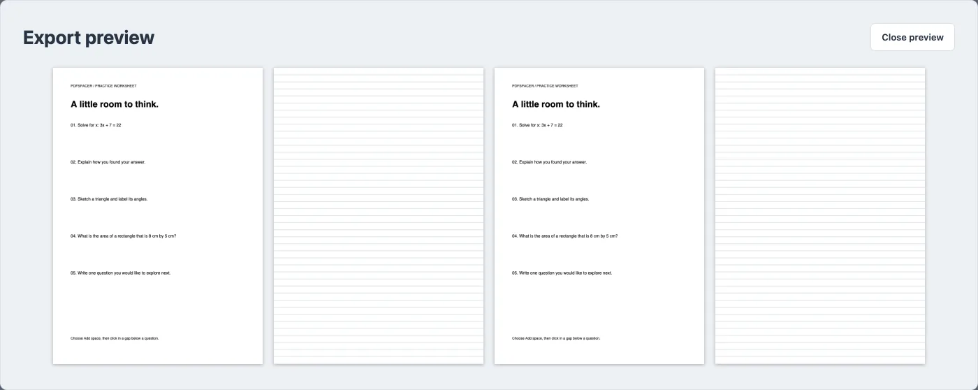 PDFSpacer export preview showing a slide page followed by a full ruled page, repeated for every page of the PDF.