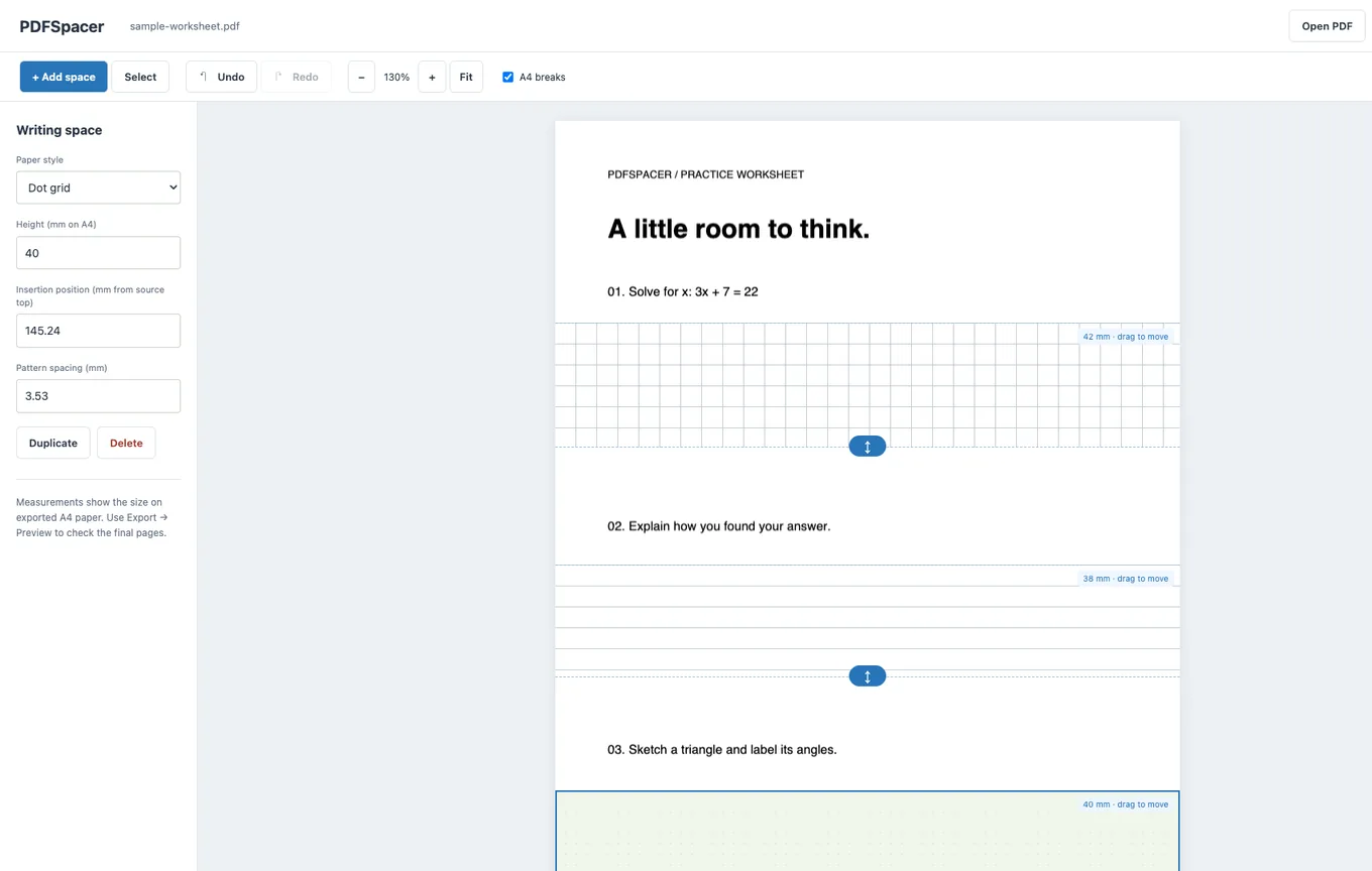 The PDFSpacer editor with a homework sheet open and squared, ruled and dot-grid spacers inserted between three questions.