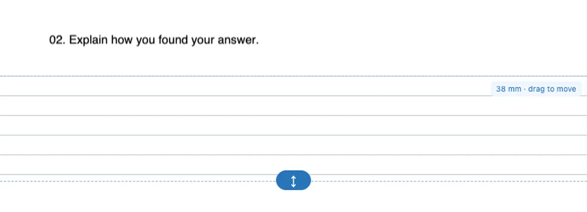 A worksheet question in a PDF with 38 mm of ruled answer lines inserted underneath it.
