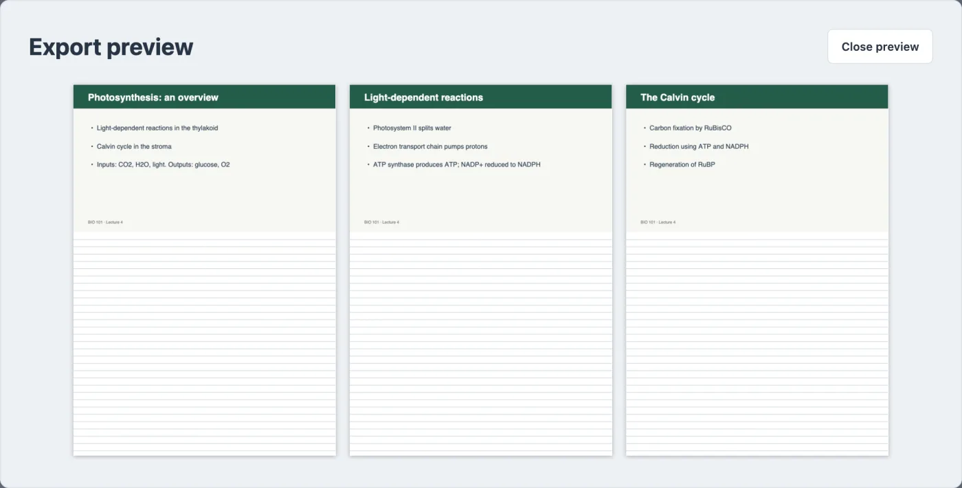 Export preview of three lecture slides, each on its own A4 sheet with ruled lines filling the space below the slide.