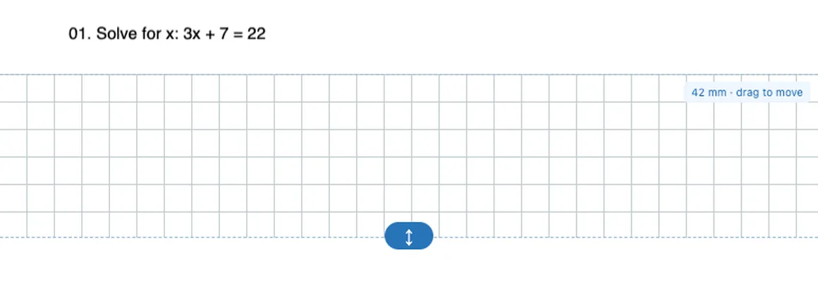 A maths question in a PDF with 42 mm of squared paper inserted below it for working.